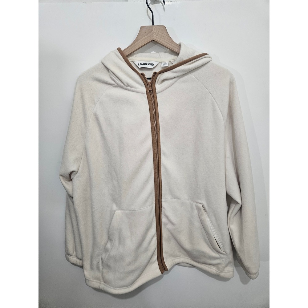 Lands End Womens 1X Ivory Fleece Full Zip Hoodie Tan Trim Cream Jacket 16W-18W